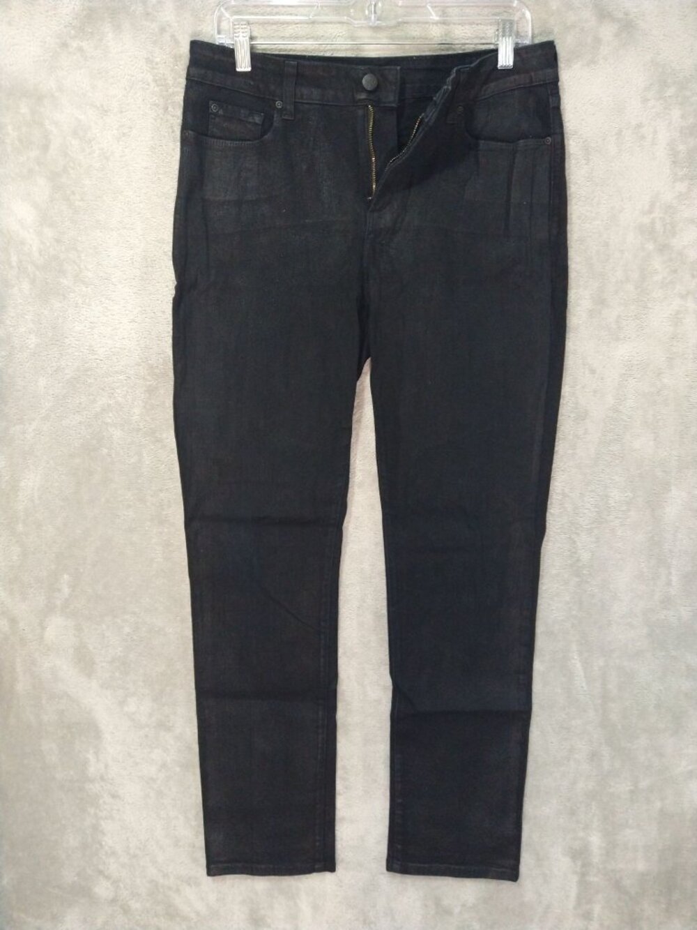 NYDJ Jeans Womens 10 Black Denim Skinny Waxed Mole Skin Mid Rise Stretch